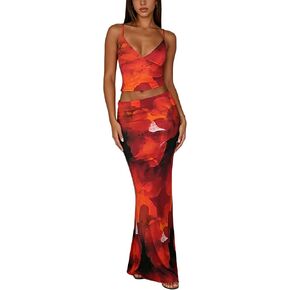 Ammiko Two Piece Skirt Set for Women Floral Maxi Skirt Spaghetti Strap Bodycon Summer Going Out Outfits Y2k Vacation in Saudi Arabia