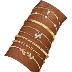 18K Gold Plated Cuff Bangle Bracelets for Women Waterproof, Gold Bracelets Stack Set, Satellite/Paperclip/Beaded/Box/Rope Butterfly&Dolphin Charms, The Leaf of Peace and Gold Cuff Bangle in Kuwait
