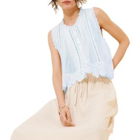 Women Sleeveless Eyelet Top Vintage Lace Patchwork Detail Button Down Vest Top Scallop Hem Beach Boho in Kuwait