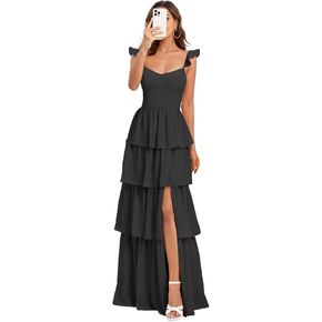 Tiered Chiffon Bridesmaid Dress Ruffle Prom Dresses for Women A Line Formal Evening Gown with Slit in Saudi Arabia