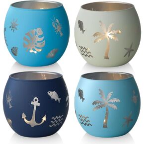 Coastal Ocean Glass Votive Candle Holders Set of 4, Laser Etched Nautical Tealight Holders with Anchor, Palm Tree & Sea Life Patterns, Summer Blue Glass Centerpiece for Home Spa Party Gift in Saudi Arabia