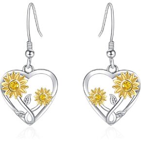 925 Sterling Silver Sunflower Earrings for Women, Hoop Huggie & Heart Dangle Drop Earrings, Gold Plated Hypoallergenic Flower Jewelry with Cubic Zirconia, Gifts for Mom Wife Girlfriend Anniversary Birthday Christmas in Saudi Arabia
