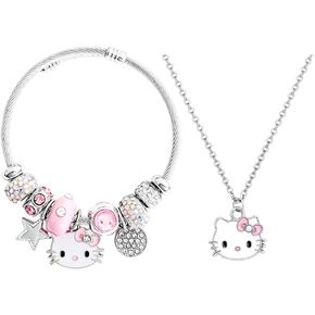 Cute Kawaii Cat Charm Bracelet Set, Cartoon Bead Bangle with Rhinestones, Adjustable Cable Bracelet Jewelry Gift for Women in Saudi Arabia