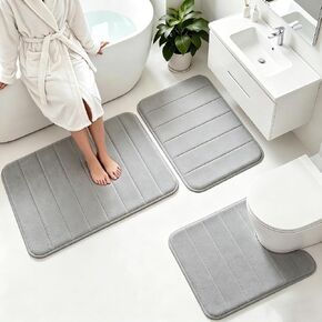 Memory Foam Bath Mat Set 3 Piece，Super Soft Absorbent Bathroom Rug Non Slip, Quick Dry,Machine Wash, Perfect Plush Bathroom Rugs,Home Decor Accessories,Grey in Saudi Arabia