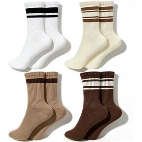 Womens Striped Crew Socks Cozy Casual Calf Socks 4 Pairs,Size 5-10 in Saudi Arabia