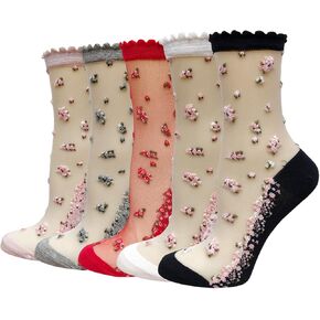 DXYAKY 5 Pairs Sheer Floral Socks for Women, Embroidered Mesh Lace Ankle Socks, Breathable Summer Cute Transparent Stockings in Saudi Arabia