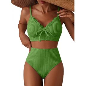 Herseas Womens Textured Bikini Sets Splice Ruffle Trim Swimsuit High Waisted Bathing Suit 2 Piece Tie Side Beach Wear in Kuwait