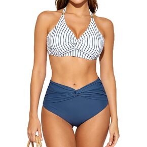 Women's High Waisted Tummy Control Bikini Sets V Neck Twist Front Bathing Suit Crisscross Tie Back 2 Piece Swim Suit in Saudi Arabia