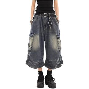 Denim Shorts Washed Wide Leg Cargo Pocket Detail Loose Fit Button Zip Fly Hip Hop Casual Streetwear Bottoms in Saudi Arabia
