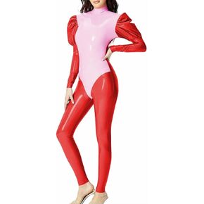 PVC Leather Unitard Jumpsuit Wetlook Puff Long Sleeves Patchwork Pencil Pants in Saudi Arabia