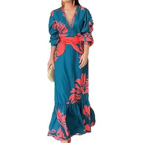 Women's Tropical Leaf Print Maxi Dress, V-Neck with Puff Sleeves, Belted Ruffle Hem, Teal and Red in Kuwait