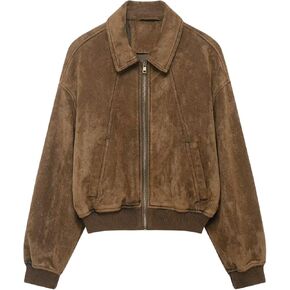 Chevara Women’s Faux Suede Jacket Casual Lapel Collar Long Sleeve Zip Up Crop Outerwear Pilot Coat with Pockets in Saudi Arabia