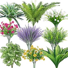 Roberly 20 Pcs Artificial Plants Outdoor, Fake Plants UV Resistant Greenery Stems Plastic Leaves Faux Flowers Bushes for Spring Summer Table Patio Front Porch Garden Indoor Outdoor Home Decor in Saudi Arabia