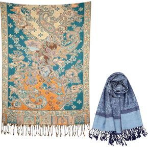 Achillea 2 Pack Steel Blue Paisley Pashmina and Teal Dark Amber Floral Shawl Bundle in Kuwait