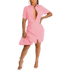 Women's Sexy Button Down Shirts Dress Short Sleeve Casual Blouse Loose Tops Collar T-Shirts Club Party Mini Dresses in Saudi Arabia