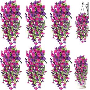 Artificial Hanging Flowers for Outdoors, 6 PCS Silk Morning Glory Artificial Flowers with Eucalyptus Leaves, UV Resistant Fake Flower Realistic Faux Plants for Home Patio Porch Garden, Purple+Fuchsia in Saudi Arabia