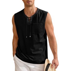 Men's Casual Tank Top Summer Beach Sleeveless Shirts 2026 Vacation V Neck Lace Up Cotton Tops with Chest Pocket in Saudi Arabia