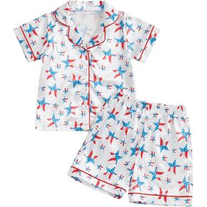 fyclemt Toddler Baby Girl Boy 4th of July Silk Pajama Set Feather Trim Short Sleeve Shirts Pajama Shorts Sleepwear Nightgown in Saudi Arabia