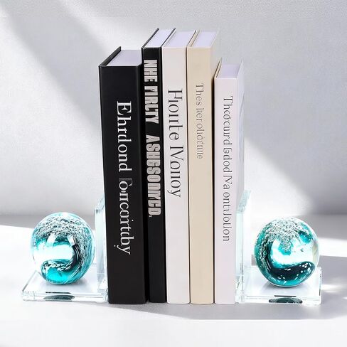 مجموعة نهايات كتب زجاجية مكونة من قطعتين، نهايات كتب على شكل حرف L مع تصميم كرة موجة البحر - سدادة كتب مزخرفة شديدة التحمل مضادة للانزلاق للأرفف والمكتب والمكتب المنزلي in Kuwait