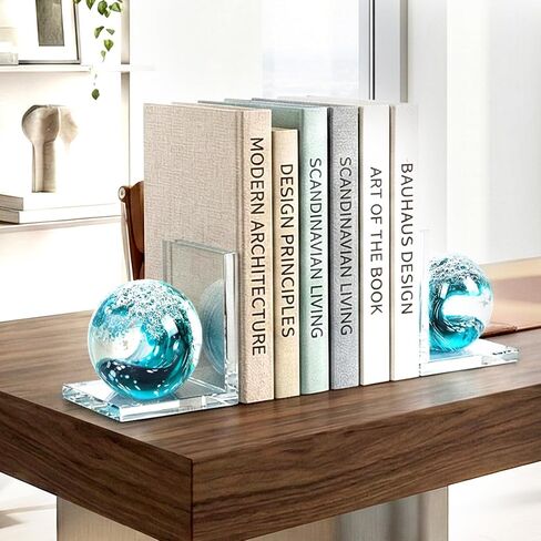 مجموعة نهايات كتب زجاجية مكونة من قطعتين، نهايات كتب على شكل حرف L مع تصميم كرة موجة البحر - سدادة كتب مزخرفة شديدة التحمل مضادة للانزلاق للأرفف والمكتب والمكتب المنزلي in Kuwait