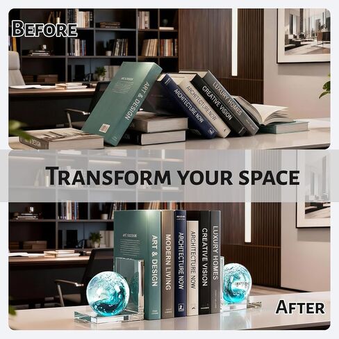 مجموعة نهايات كتب زجاجية مكونة من قطعتين، نهايات كتب على شكل حرف L مع تصميم كرة موجة البحر - سدادة كتب مزخرفة شديدة التحمل مضادة للانزلاق للأرفف والمكتب والمكتب المنزلي in Kuwait