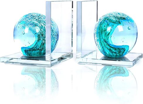 Glass Book Ends Set of 2, L-Shaped Bookends with Sea Wave Ball Design – Non Skid Heavy Duty Decorative Book Stopper for Shelves, Desk, and Home Office in Saudi Arabia