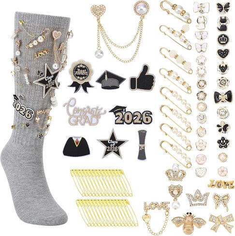 JATEBI 2026 Graduation Junk Sock Charm Bullk with 78pcs Gold Brooches Pins, 8pcs Senior Grad Patches for DIY Decor(White Socks) in Kuwait