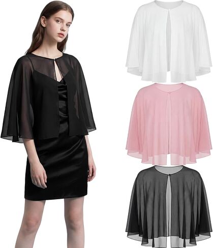 Patelai 3 Pcs Chiffon Shawl for Evening Dress Women Wraps Shrug Black Pink White Wedding Cape Capelet Bolero Flapper Cover up in Kuwait