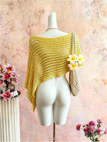 SHENHE Women's Crochet Poncho Sweater Hollow Out Lightweight Sheer Bat Wing Poncho Shawl Cape in Kuwait