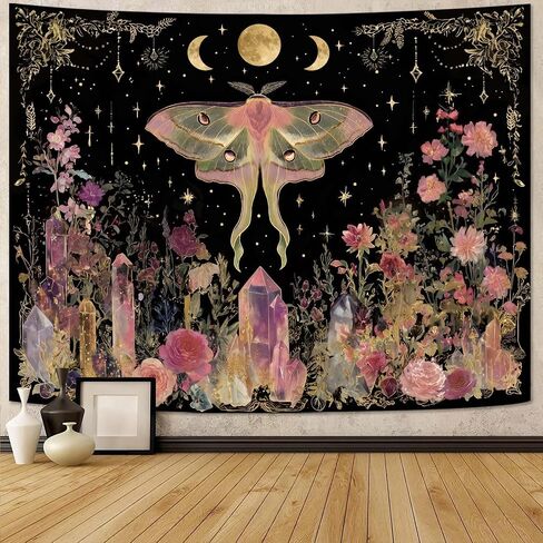 Gruaoihy Boho Moon Butterfly Floral Tapestry, Aesthetic Witchy Moon Phase Luna Moth Wall Hanging for Bedroom Living Room Decor, Black Pink 36x48 inches in Kuwait