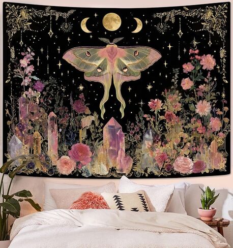 Gruaoihy Boho Moon Butterfly Floral Tapestry, Aesthetic Witchy Moon Phase Luna Moth Wall Hanging for Bedroom Living Room Decor, Black Pink 36x48 inches in Kuwait