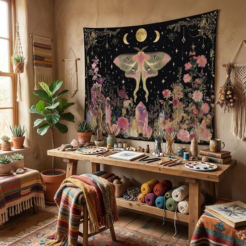 Gruaoihy Boho Moon Butterfly Floral Tapestry, Aesthetic Witchy Moon Phase Luna Moth Wall Hanging for Bedroom Living Room Decor, Black Pink 36x48 inches in Kuwait