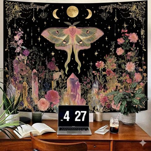 Gruaoihy Boho Moon Butterfly Floral Tapestry, Aesthetic Witchy Moon Phase Luna Moth Wall Hanging for Bedroom Living Room Decor, Black Pink 36x48 inches in Kuwait