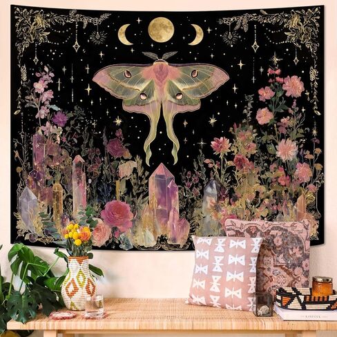 Gruaoihy Boho Moon Butterfly Floral Tapestry, Aesthetic Witchy Moon Phase Luna Moth Wall Hanging for Bedroom Living Room Decor, Black Pink 36x48 inches in Kuwait