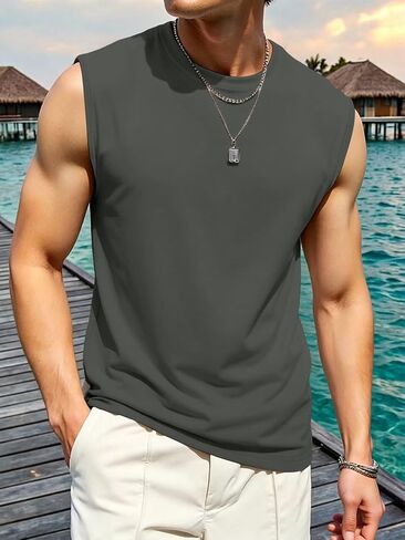 Mens Crew Neck Tank Top Undershirt Sleeveless Casual Summer Beach Tee in Kuwait