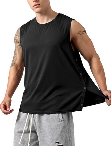 Lehmanlin Mens Sleeveless Shirts Workout Tank Tops Gym Muscle Shirts Side-Buttoned Fully Open Stylish Casual T-Shirt in Saudi Arabia