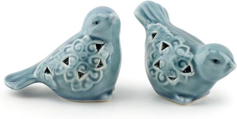 Bird Figurines Home Decor, 2 Piece Blue Glazed Ceramic Bird Statues with Flower Detail, Small Shelf Desk Decor, 3.1 x 2.5 x 1.8 in and 3.6 x 2.3 x 1.8 in in Saudi Arabia
