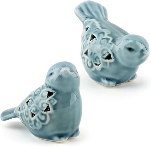Bird Figurines Home Decor, 2 Piece Blue Glazed Ceramic Bird Statues with Flower Detail, Small Shelf Desk Decor, 3.1 x 2.5 x 1.8 in and 3.6 x 2.3 x 1.8 in in Saudi Arabia