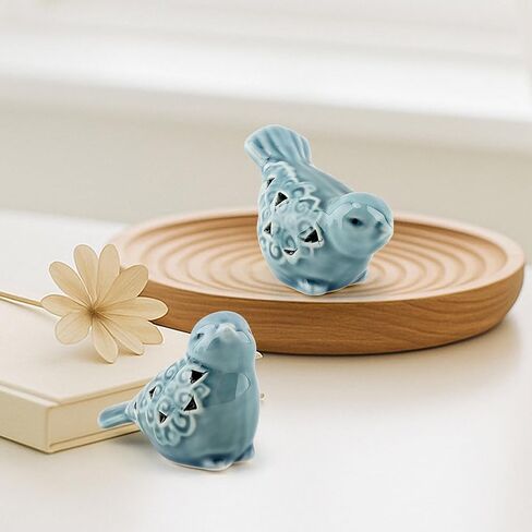 Bird Figurines Home Decor, 2 Piece Blue Glazed Ceramic Bird Statues with Flower Detail, Small Shelf Desk Decor, 3.1 x 2.5 x 1.8 in and 3.6 x 2.3 x 1.8 in in Saudi Arabia