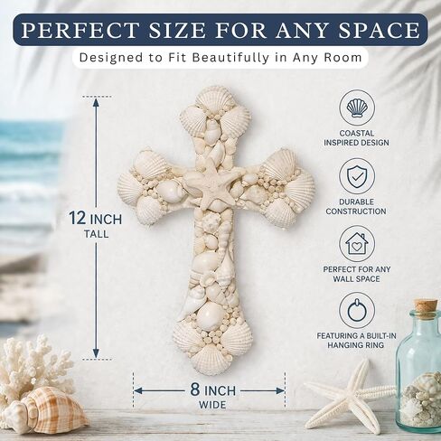 Seashell Cross Wall Decor – 12x8 Inch Handmade Religious Wall Art with Starfish, Abalone & Seashell Accents – Wall Mount Decorative Coastal Christian Cross for Wall & Room Decor by SassyXpressions in Kuwait