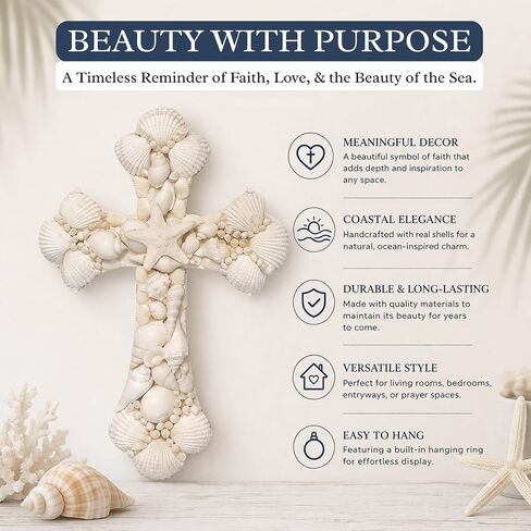 Seashell Cross Wall Decor – 12x8 Inch Handmade Religious Wall Art with Starfish, Abalone & Seashell Accents – Wall Mount Decorative Coastal Christian Cross for Wall & Room Decor by SassyXpressions in Kuwait