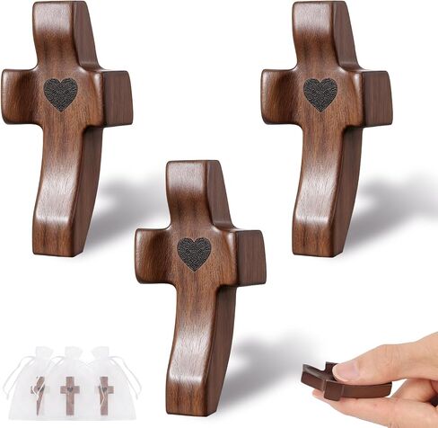 10 Pcs Small Wooden Cross,Walnut Pocket Cross with Organza Bags,Cross My Heart,Anxiety Relief Prayer Cross,Small Handheld Fingertip Wooden Crosses for Church, Christian Religious Gifts in Kuwait