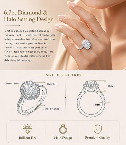 Raneecoco 6.7 CT Engagement Rings for Women, Halo Oval Cut Cubic Zirconia Promise Ring, 18K White Gold Plated Sterling Silver Wedding Ring, Size 5-9 in Saudi Arabia