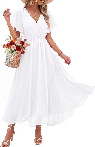 Bebonnie Womens Summer Wrap V Neck Short Sleeve Flowy Layers Chiffon Wedding Guest Maxi Dresses in Saudi Arabia