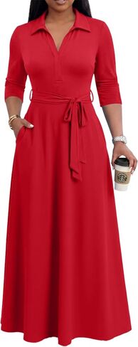 MarryUP Maxi Dresses for Women Casual V Neck 3/4 Sleeve Long Church Dress Semi Formal Outfits with Pockets in Saudi Arabia