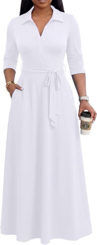 MarryUP Maxi Dresses for Women Casual V Neck 3/4 Sleeve Long Church Dress Semi Formal Outfits with Pockets in Saudi Arabia