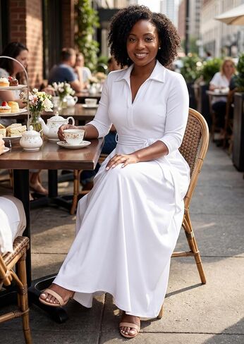 MarryUP Maxi Dresses for Women Casual V Neck 3/4 Sleeve Long Church Dress Semi Formal Outfits with Pockets in Saudi Arabia
