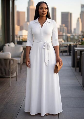 MarryUP Maxi Dresses for Women Casual V Neck 3/4 Sleeve Long Church Dress Semi Formal Outfits with Pockets in Saudi Arabia