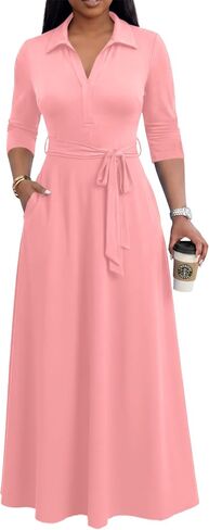 MarryUP Maxi Dresses for Women Casual V Neck 3/4 Sleeve Long Church Dress Semi Formal Outfits with Pockets in Saudi Arabia