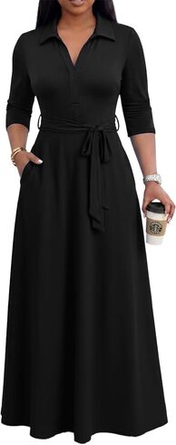 MarryUP Maxi Dresses for Women Casual V Neck 3/4 Sleeve Long Church Dress Semi Formal Outfits with Pockets in Saudi Arabia